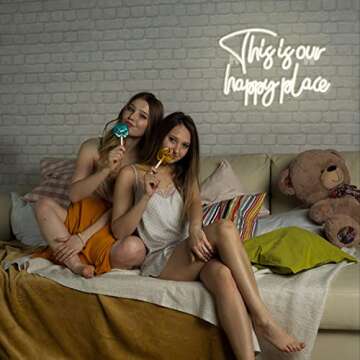 NOSUN This is Our Happy Place Neon Sign Happy Place Neon Signs for Wall Decor Dimmable Warm White LED Signs for Bedroom Classroom Man Cave Home Bar Birthday Party Game Zone Decor Neon Classroom Sign