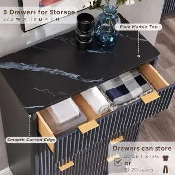 T4TREAM Fluted 5 Drawers Dresser, 48" Tall Modern Chest of Drawers with Faux Marble Top, Curved Profile Design, Wood Drawer Organizer for Bedroom, Living Room, Hallway, Entryway, Dark Grey
