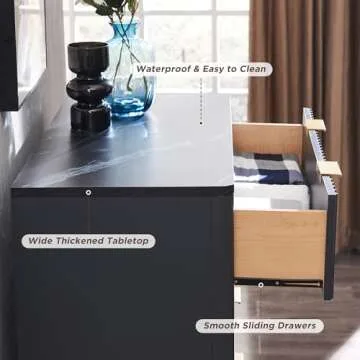 T4TREAM Fluted 5 Drawers Dresser, 48" Tall Modern Chest of Drawers with Faux Marble Top, Curved Profile Design, Wood Drawer Organizer for Bedroom, Living Room, Hallway, Entryway, Dark Grey