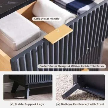 T4TREAM Fluted 5 Drawers Dresser, 48" Tall Modern Chest of Drawers with Faux Marble Top, Curved Profile Design, Wood Drawer Organizer for Bedroom, Living Room, Hallway, Entryway, Dark Grey