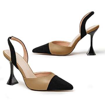 Coutgo Women's Slingback Pumps Pointed Toe Slip On Stiletto Heels Patchwork Dress Party Shoes Khaki/Black