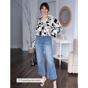 luvamia Wide Leg Jeans for Women Trendy High Waisted Flare Jeans Cropped Denim Pants Stretchy Baggy with Patch Pockets Cropped Wide Leg Jeans for Women Casual Outfits for Women Blue Tides Size 2