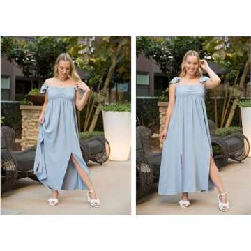 Anna-Kaci Ruffled Cap Sleeve Smocked Ruche Bodice Front Slit Maxi Long Beach Vacation Dress,
