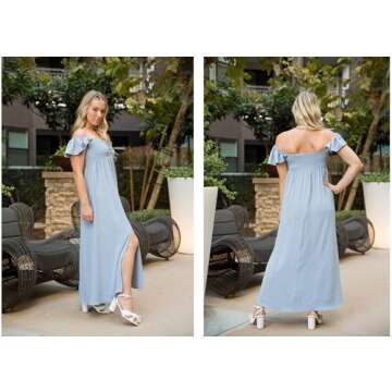 Anna-Kaci Ruffled Cap Sleeve Smocked Ruche Bodice Front Slit Maxi Long Beach Vacation Dress,