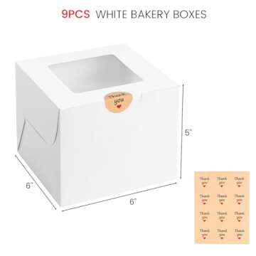 TOXOY 9PCS White Cookie Boxes, 6"x6"x5" Cake Container with Window Treat Boxes with Stickers for Hol...