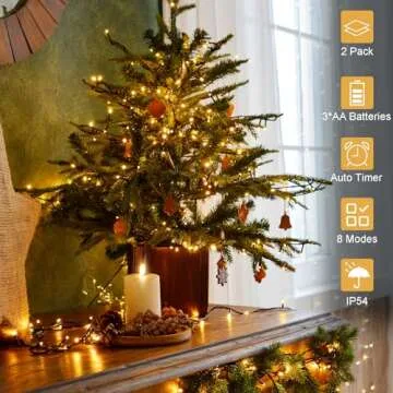 2 Pack String Lights Battery Operated, Total 46ft 140 LED Christmas Lights with Timer 8 Modes Twinkle Fairy String Lights for Indoor Outdoor Wedding Garland Xmas Tree Decoration (Warm White)