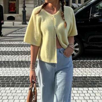 Women Y2k Knitted Crop Cardigan Short Sleeve Button Up Rib Knit Solid Color Cute Sweater Shirt (US, Alpha, Large, Regular, Regular, Yellow)