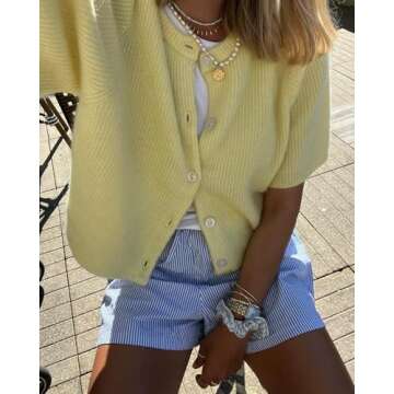 Women Y2k Knitted Crop Cardigan Short Sleeve Button Up Rib Knit Solid Color Cute Sweater Shirt (US, Alpha, Large, Regular, Regular, Yellow)