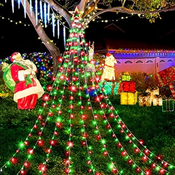 KNONEW Outdoor Christmas Decorations Waterfall Star Lights,344 LED 8 Modes Tree Light,Plug in Clear ...