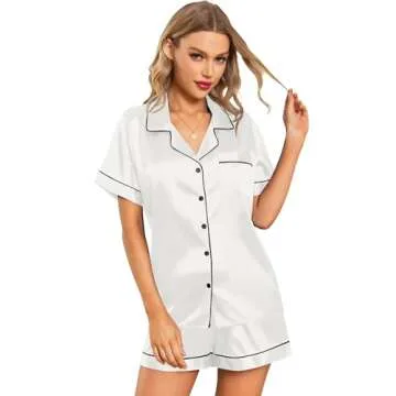 Leikar Womens Silk Satin Pajamas Shorts Set Bride Pajamas Bbutton Up Pjs Sleepwear M White