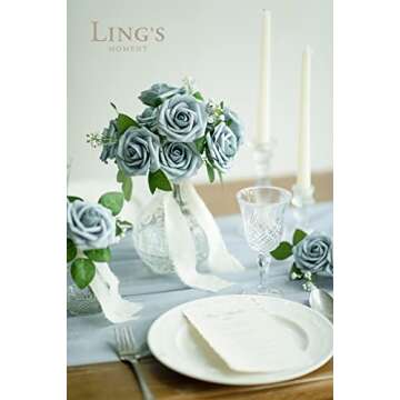 Ling's Moment Artificial Flowers 25Pcs Dusty Blue Roses Decor w/Stems,3" Real Touch DIY Foam Floral ...