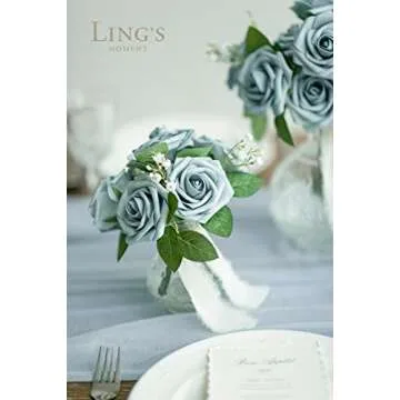 Ling's Moment Artificial Flowers 25Pcs Dusty Blue Roses Decor w/Stems,3" Real Touch DIY Foam Floral for Wedding Bouquet/Centerpieces, Outdoors Party Backdrop, Room/Table, and Garden/Pot Decorations