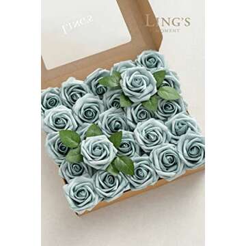 Ling's Moment Artificial Flowers 25Pcs Dusty Blue Roses Decor w/Stems,3" Real Touch DIY Foam Floral for Wedding Bouquet/Centerpieces, Outdoors Party Backdrop, Room/Table, and Garden/Pot Decorations