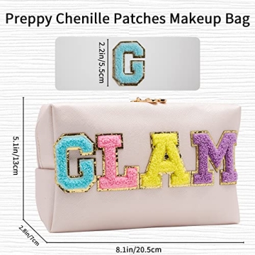 Trendy Preppy GLAM Chenille Letter Makeup Bag for Women Teens