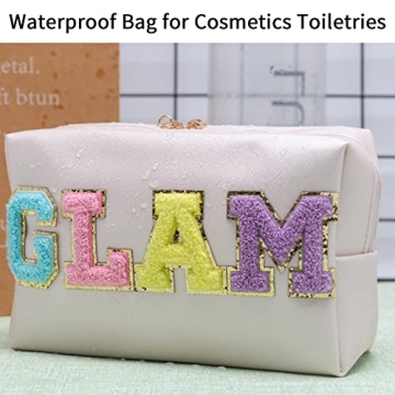 Trendy Preppy GLAM Chenille Letter Makeup Bag for Women Teens