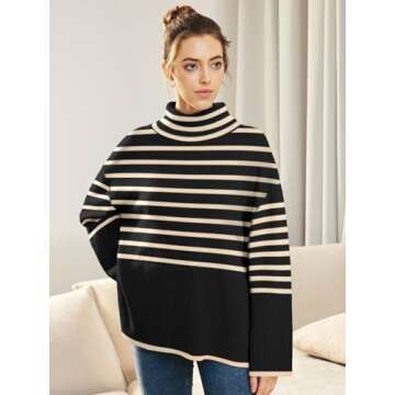 LILLUSORY Womens Fall Turtle Neck Long Sleeve Sweaters Ribbed Knit Pullover Top with Slit Fall Outfits Clothes Fashion 2024 Black-Apricot Small