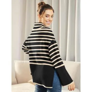 LILLUSORY Womens Fall Turtle Neck Long Sleeve Sweaters Ribbed Knit Pullover Top with Slit Fall Outfits Clothes Fashion 2024 Black-Apricot Small