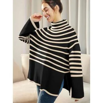 LILLUSORY Womens Fall Turtle Neck Long Sleeve Sweaters Ribbed Knit Pullover Top with Slit Fall Outfits Clothes Fashion 2024 Black-Apricot Small