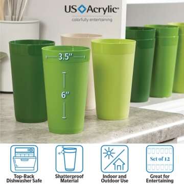 US Acrylic Newport 20 ounce Unbreakable Plastic Stackable Water Tumblers in Green Grove | Set of 12 Drinking Cups | Reusable, BPA-free, Made in the USA, Top-rack Dishwasher and Microwave Safe