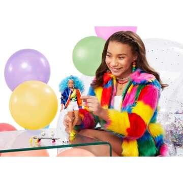 Barbie Extra Doll #4, Curvy, in Zippered Bomber Jacket with 2 Pet Kittens, Extra-Curly Blue Hair, La...