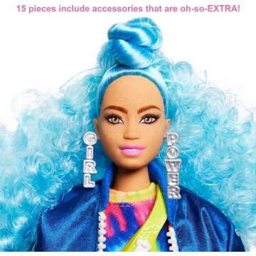 Barbie Extra Doll #4, Curvy, in Zippered Bomber Jacket with 2 Pet Kittens, Extra-Curly Blue Hair, Layered Outfit & Accessories Including Skateboard, Multiple Flexible Joints, For Kids 3 Years Old & Up