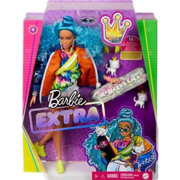 Barbie Extra Doll #4, Curvy, in Zippered Bomber Jacket with 2 Pet Kittens, Extra-Curly Blue Hair, Layered Outfit & Accessories Including Skateboard, Multiple Flexible Joints, For Kids 3 Years Old & Up