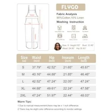 Flygo Womens Cotton Linen Overalls Loose Fit Wide Leg Baggy Jumpsuit with Pockets (Khaki-L)