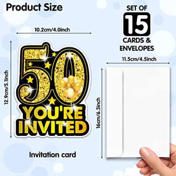 RZHV 15 Pack Gold and Black 50th Birthday Shaped Fill-In Invitations Cards With Envelopes for Adults...