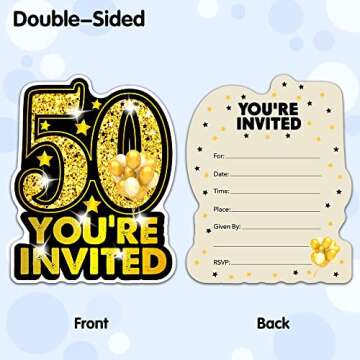 RZHV 15 Pack Gold and Black 50th Birthday Shaped Fill-In Invitations Cards With Envelopes for Adults, Funny Birthday Anniversary Party Invite, Party Supplies