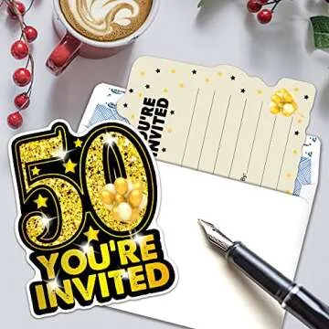 RZHV 15 Pack Gold and Black 50th Birthday Shaped Fill-In Invitations Cards With Envelopes for Adults, Funny Birthday Anniversary Party Invite, Party Supplies