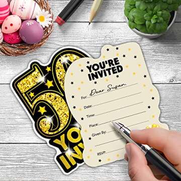 RZHV 15 Pack Gold and Black 50th Birthday Shaped Fill-In Invitations Cards With Envelopes for Adults, Funny Birthday Anniversary Party Invite, Party Supplies