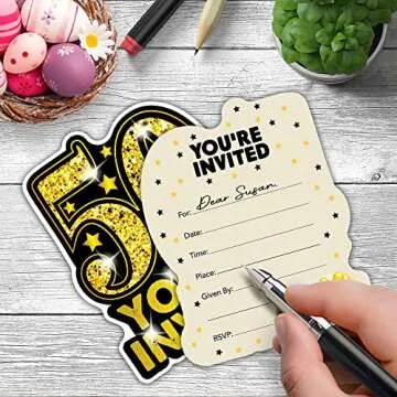 RZHV 15 Pack Gold and Black 50th Birthday Shaped Fill-In Invitations Cards With Envelopes for Adults, Funny Birthday Anniversary Party Invite, Party Supplies
