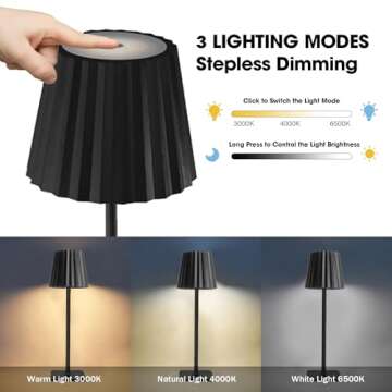 AZCOOKS Cordless Table Lamp,Rechargeable Lamp,5000mAh Battery Operated,3 Color Stepless Dimming,Pleated Lamp Shade,Portable Night Light,LED Desk Lamp for Bedroom/Living Room/Restaurant/Outdoor(Black)