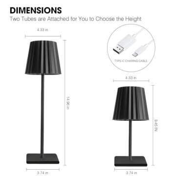 AZCOOKS Cordless Table Lamp,Rechargeable Lamp,5000mAh Battery Operated,3 Color Stepless Dimming,Pleated Lamp Shade,Portable Night Light,LED Desk Lamp for Bedroom/Living Room/Restaurant/Outdoor(Black)