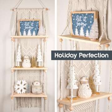 SnugLife Macrame Wall Hanging Shelf - 3 Tier Wall Plant Hanger Shelves with Handmade Woven Rope - Boho Shelves Organizer for Kitchen, Bathroom, Home Storage, Floating Plant Shelf (Pine Wood)