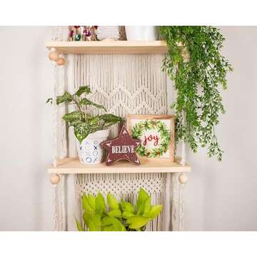 SnugLife Macrame Wall Hanging Shelf - 3 Tier Wall Plant Hanger Shelves with Handmade Woven Rope - Boho Shelves Organizer for Kitchen, Bathroom, Home Storage, Floating Plant Shelf (Pine Wood)
