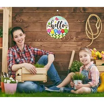PETCEE Hello Spring Door Sign - Colorful Flowers Spring Wreath for Home Decor