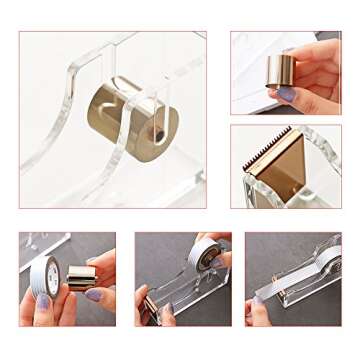 Acrylic Gold Tape Dispenser,Clear Acrylic Desk Dispenser Kit , Modern Design Office Desktop Tape Dispense