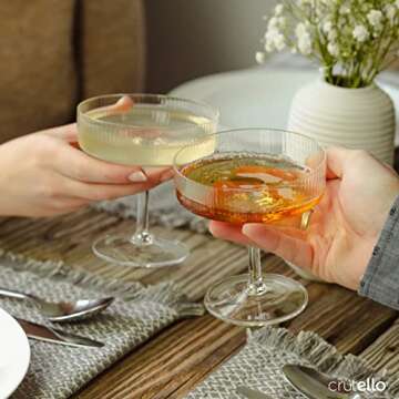 Crutello Ribbed Coupe Glass - 7oz Classic Coupe Cocktail Glasses for Champagne, Martini, Manhattan, Cosmopolitan, Frozen Drinks - Ribbed Glasses Set of 4