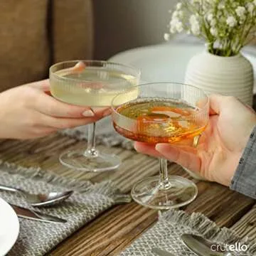 Crutello Ribbed Coupe Glass - 7oz Classic Coupe Cocktail Glasses for Champagne, Martini, Manhattan, Cosmopolitan, Frozen Drinks - Ribbed Glasses Set of 4