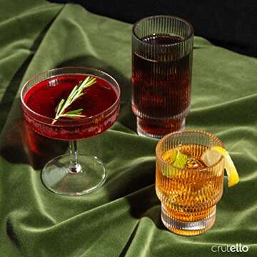 Crutello Ribbed Coupe Glass - 7oz Classic Coupe Cocktail Glasses for Champagne, Martini, Manhattan, Cosmopolitan, Frozen Drinks - Ribbed Glasses Set of 4
