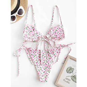 ZAFUL Ditsy Floral Frilled Tie Knot Front Strappy Bikini Sets Swimwear Pink