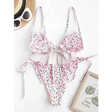 ZAFUL Ditsy Floral Frilled Tie Knot Front Strappy Bikini Sets Swimwear Pink