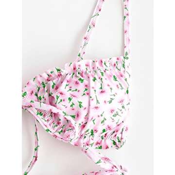 ZAFUL Ditsy Floral Frilled Tie Knot Front Strappy Bikini Sets Swimwear Pink