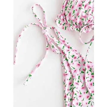 ZAFUL Ditsy Floral Frilled Tie Knot Front Strappy Bikini Sets Swimwear Pink