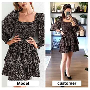 Byinns Women's Square Neck Ruffle Dress Long Sleeve Floral Print Tiered Tie Back Layered Swing Mini Dress