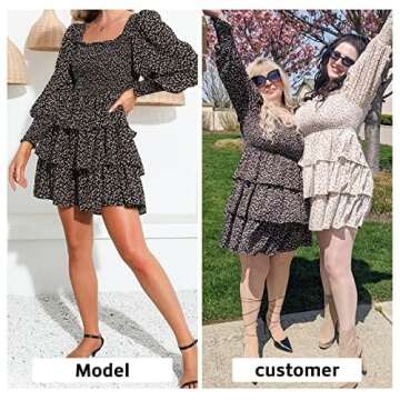 Byinns Women's Square Neck Ruffle Dress Long Sleeve Floral Print Tiered Tie Back Layered Swing Mini Dress