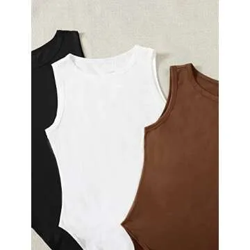 Milumia Women's 3 Pack Sleeveless Bodysuit Solid Round Neck Skinny Tank Tops Set White Black Brown Small