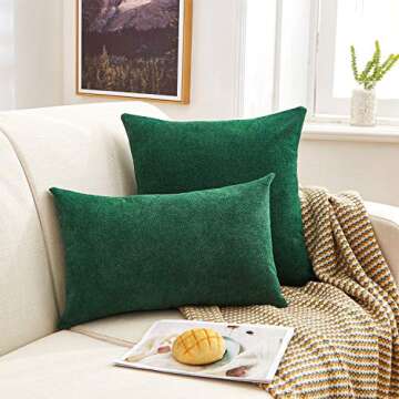 MERNETTE Pack of 2, Thick Chenille Decorative Square Throw Pillow Cover Cushion Covers Pillowcase, Home Decor Decorations for Sofa Couch Bed Chair 20x20 Inch/50x50 cm (Dark Green)
