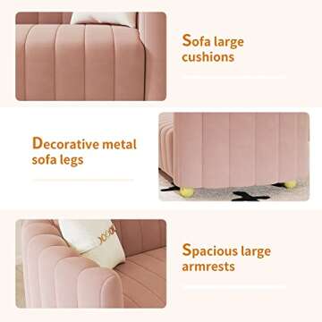 Kadway Mid-Century Modern Sofa for Living Room, 84" Pink Luxury Velvet Loveseat Sofa Couch Sectional Love Seat Sofa Couch with Gold Legs Upholstered Sofa for Apartment Bedroom Home Office